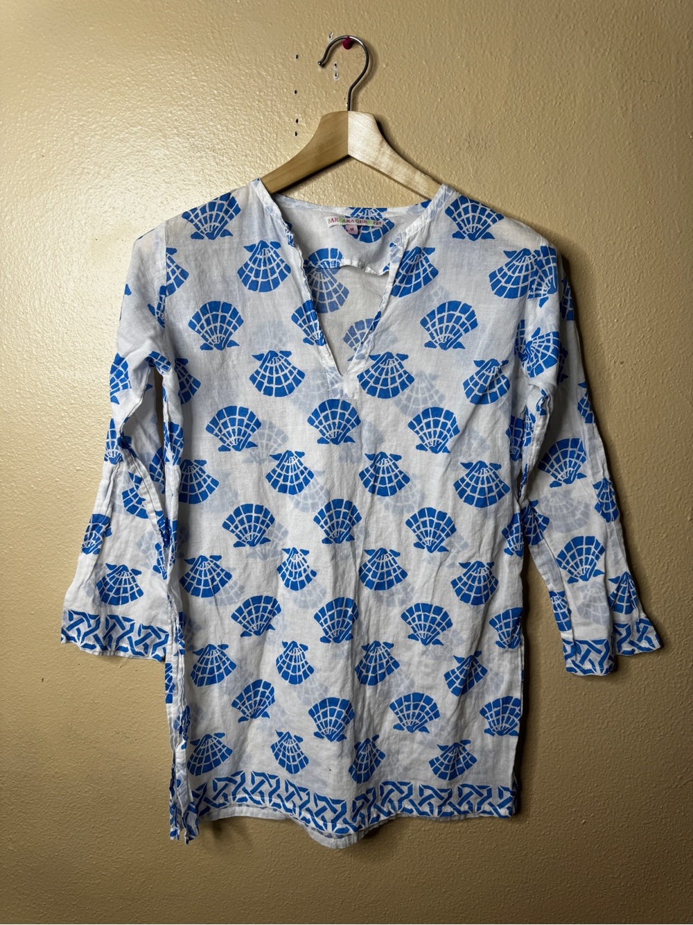 Barbara Gerwit Tunic Women's M Blue White Coastal Seashell Beach Cover Up